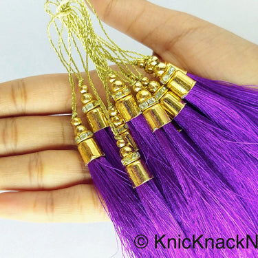 Violet Tassels With Gold Cap And Beads, Tassel Charms, Nylon Tassels x 12